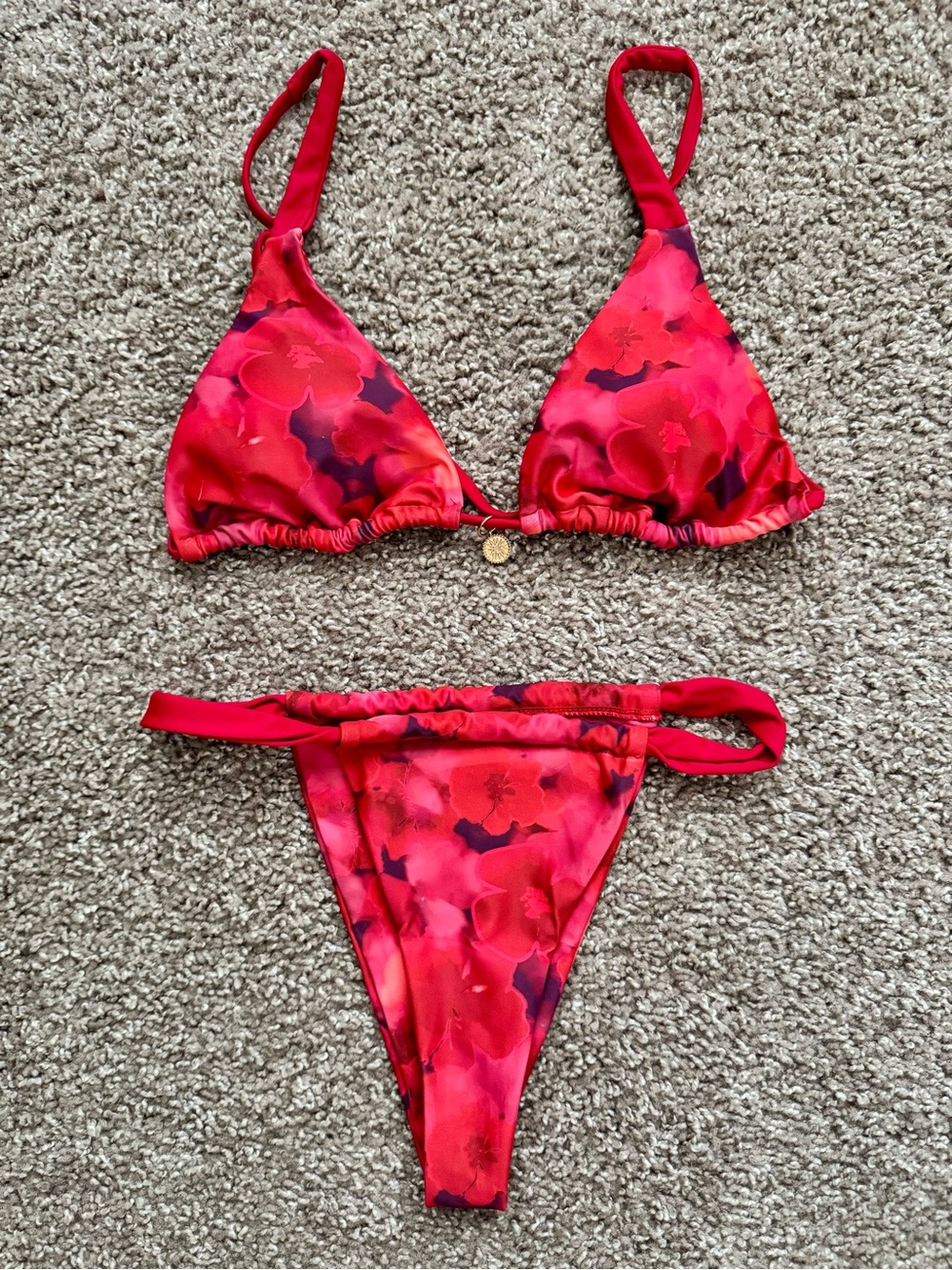 Red Floral Triangle Bikini Set Y2K Tie Side Swimsuit Beachwear XS
